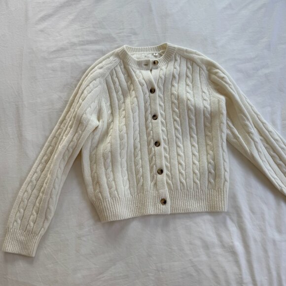 Doen Sweaters - white/Cream Doen wool blended cable knit cardigan with button up front small